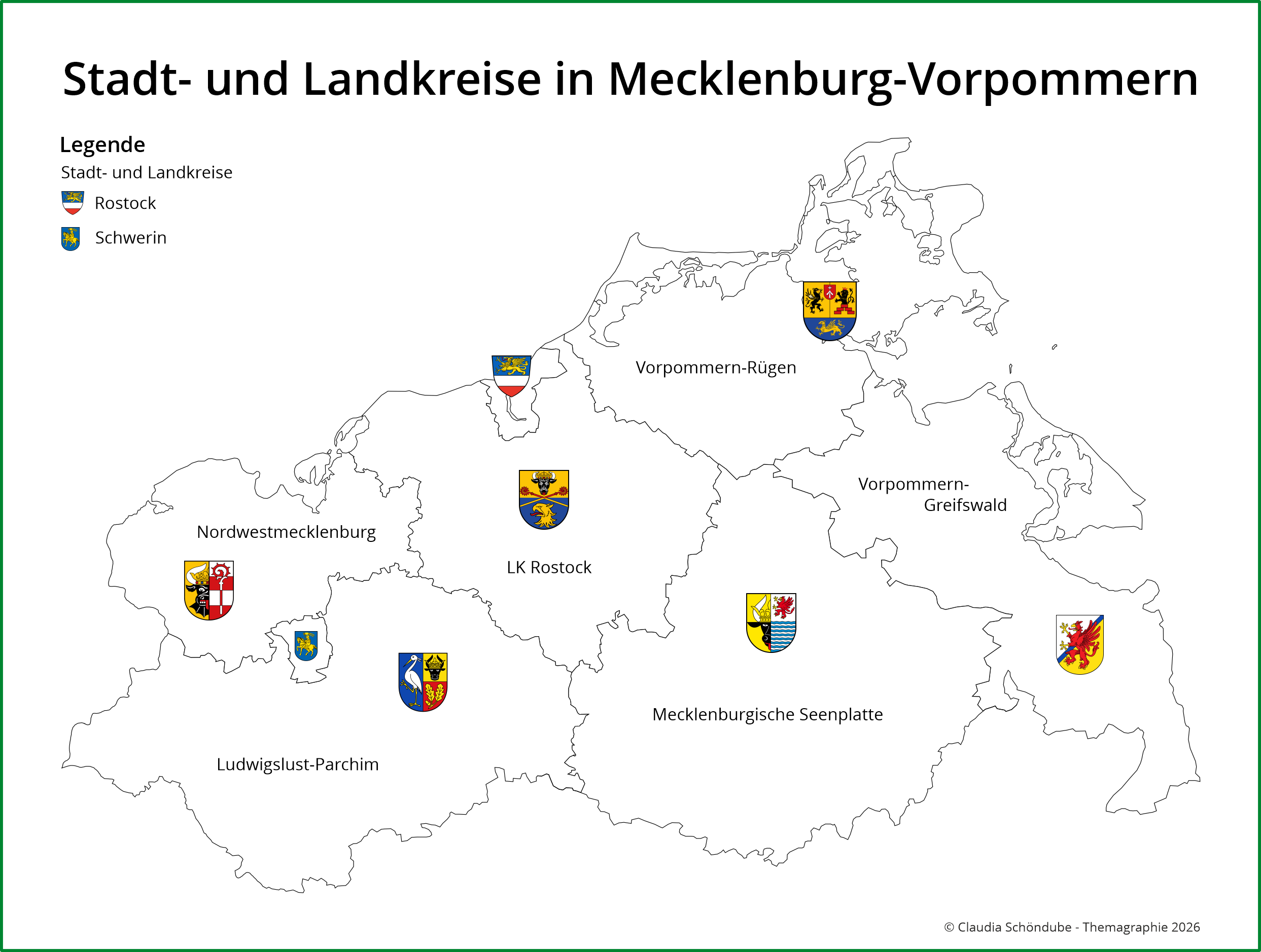 Karte der Stadt-und Landkreise von Mecklenburg-Vorpommern mit Wappen